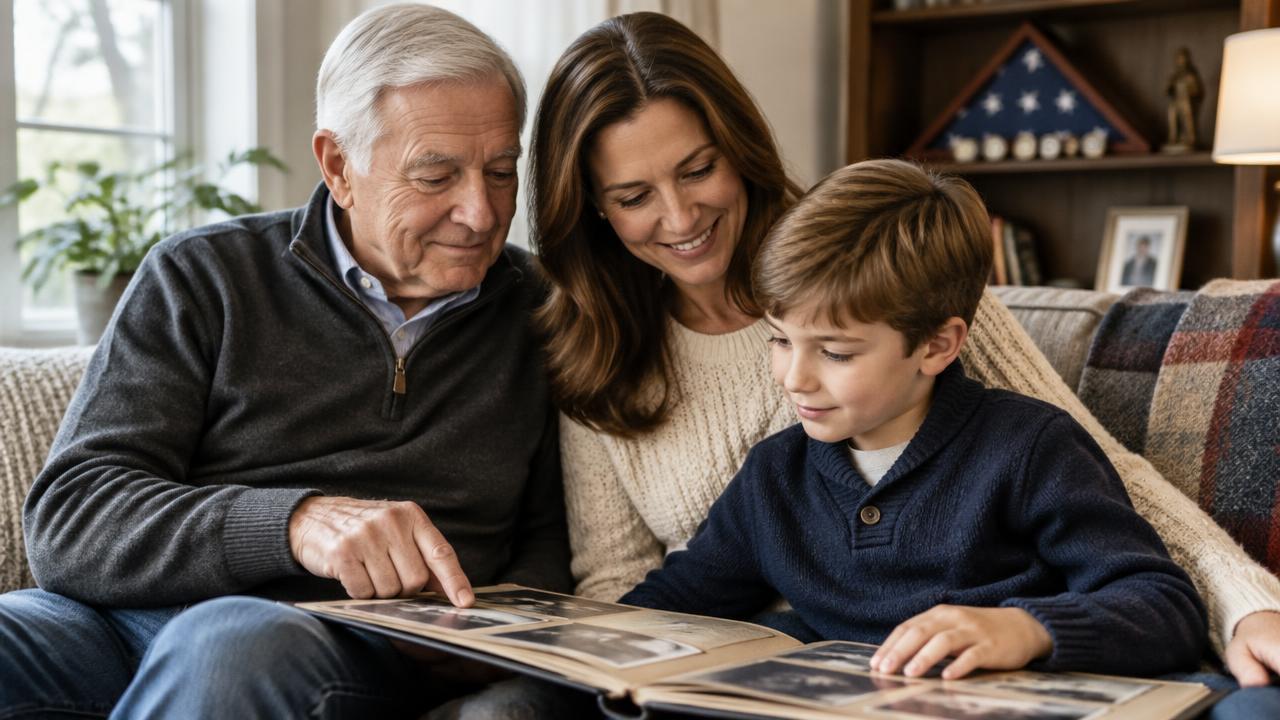 Veteran looking at a photo album with his daughter and grandson, a folded American flag displayed behind them